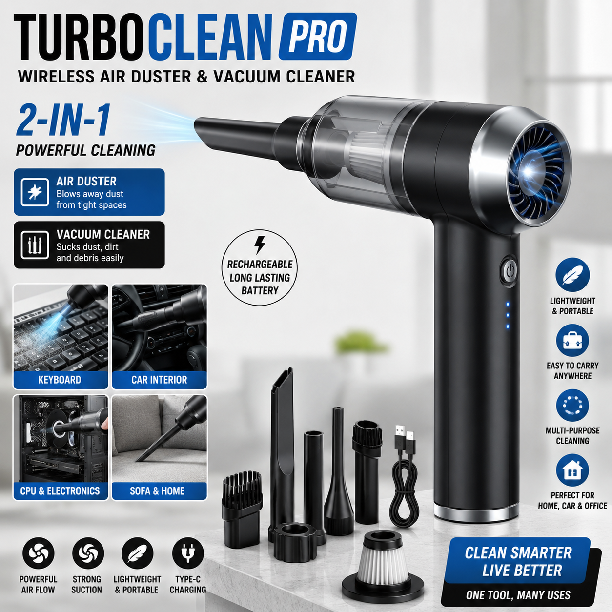 TurboClean Pro – Wireless Air Duster & Vacuum Cleaner